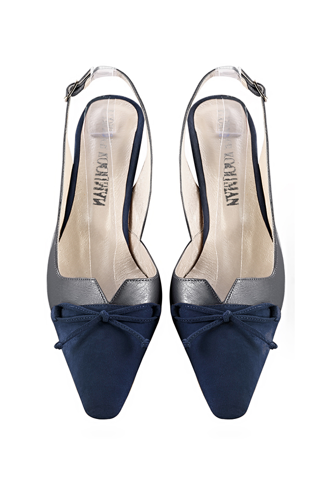Dress slingback bow heels in navy blue and dove grey leather with kitten heels and tapered toe - Top view